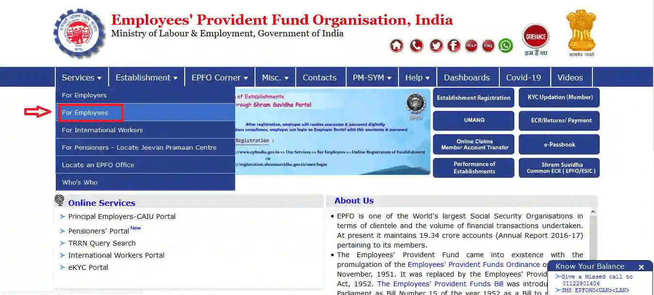 EPFO portal For Employees step 2