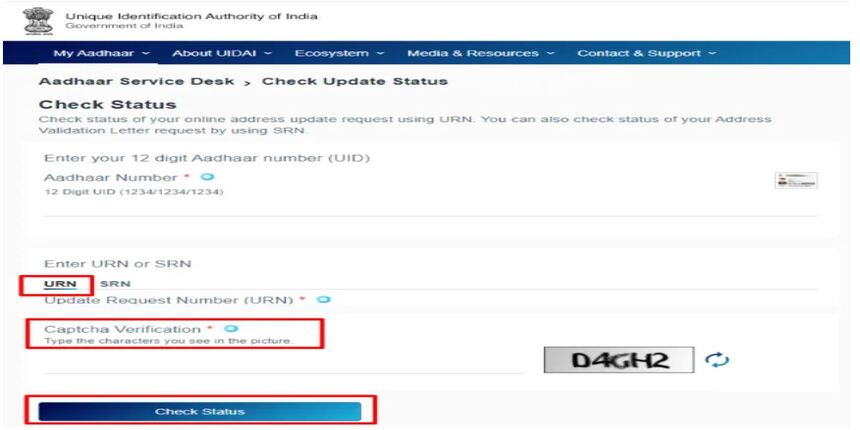 Aadhaar Card Address Update Status Using URN