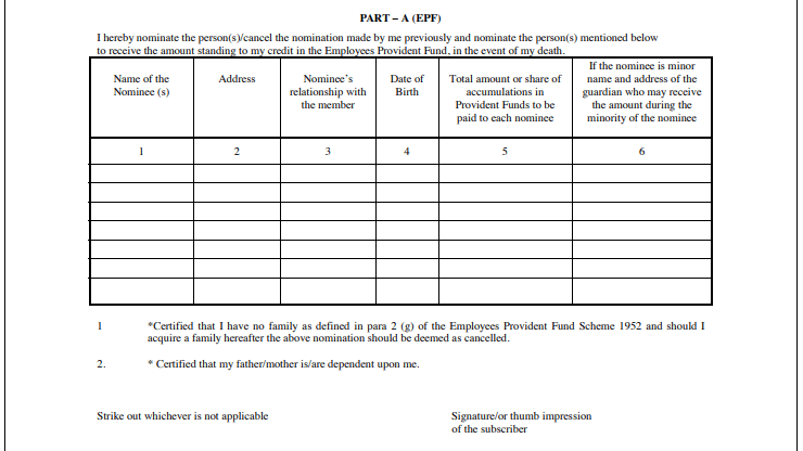 EPF Form 2 Part A