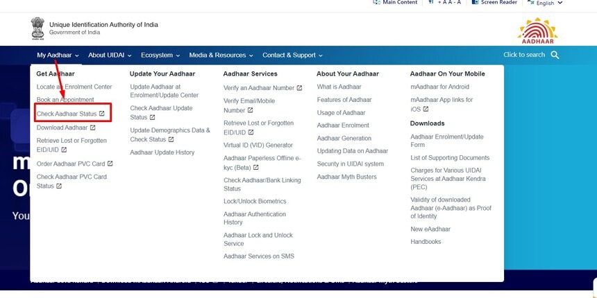 aadhar check status