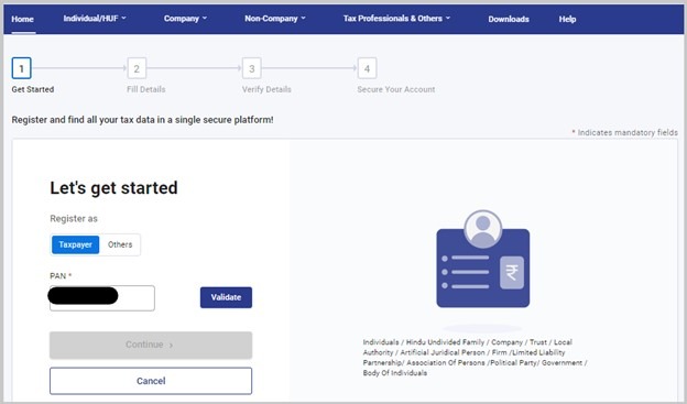 Income Tax Department E-Filing step 1