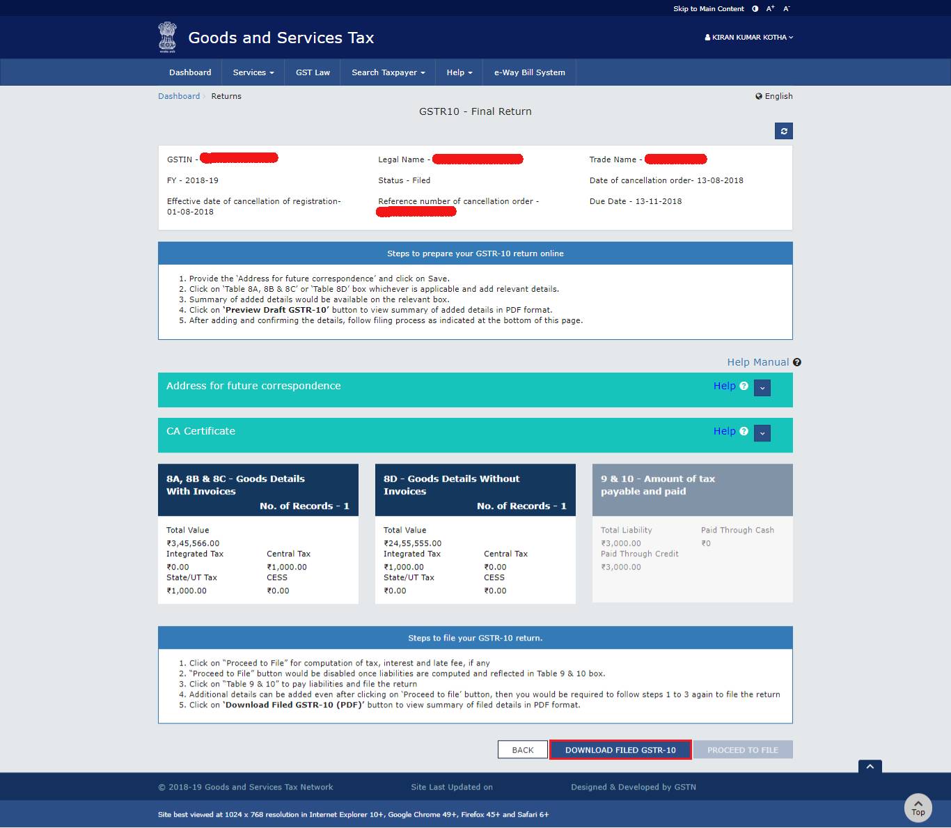 Step6 Filing Form GSTR 10