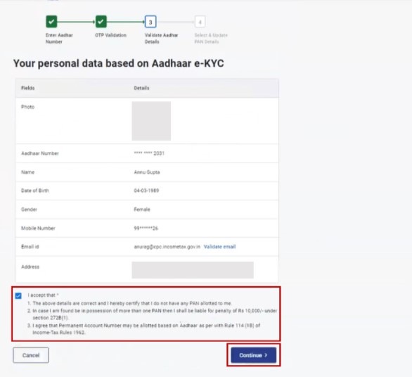 Instant PAN Card Application Process Step 2