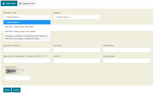 Online PAN Application on NSDL Website Step 2