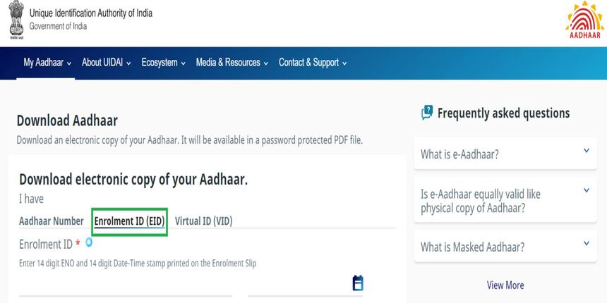 e aadhar Enrolment Number