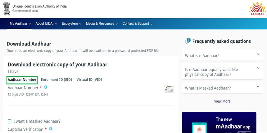 e aadhar number