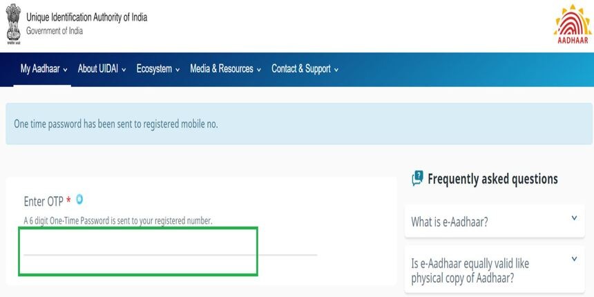 e aadhar otp