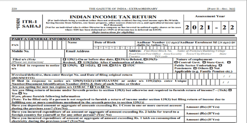 ITR 1 SAHAJ Form