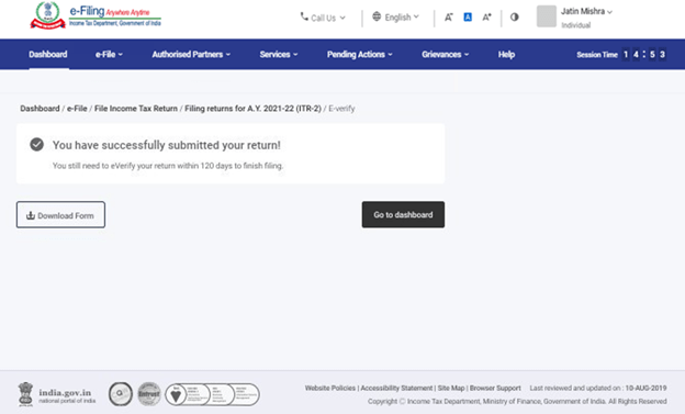 e-verified your Income Tax Return