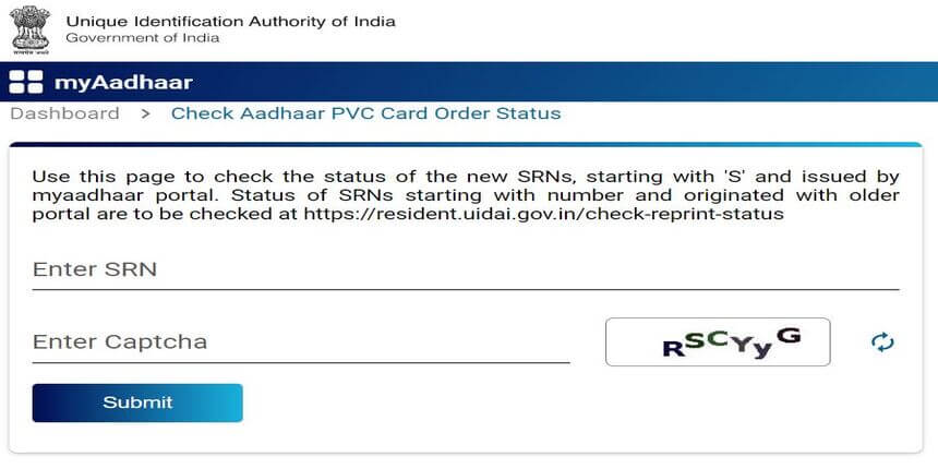 Check Aadhaar PVC Card Order Status