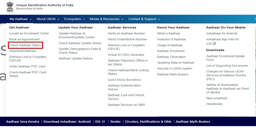 Check Aadhaar Status option