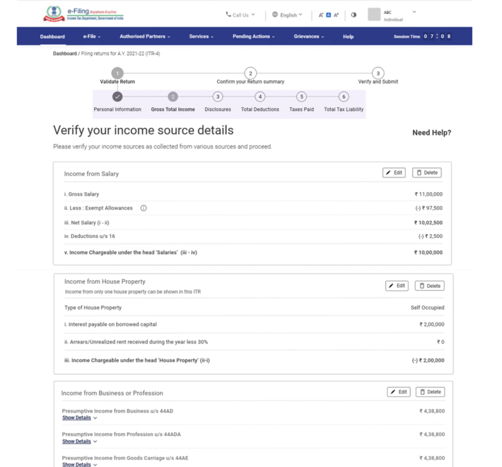 E-filing Gross Total Income Section