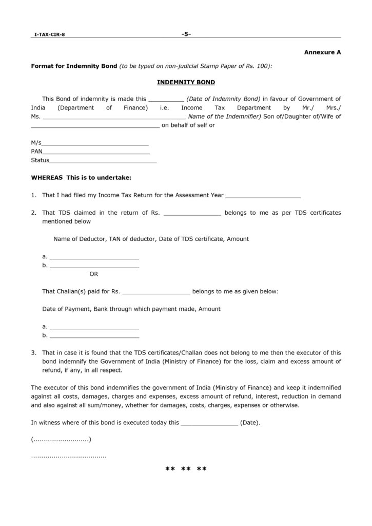 Pan Reactivation - Format of Indemnity Bond