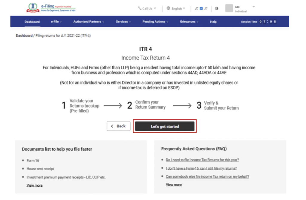 ITR 4 Form Document Requirement