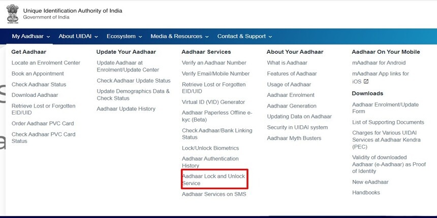 aadhaar lock unlock service