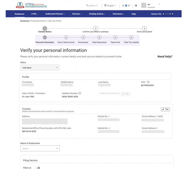 e-filing Personal Profile