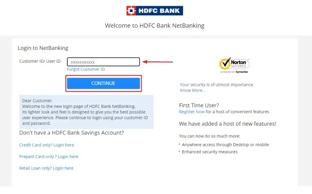 HDFC Netbanking Login Page Step 1
