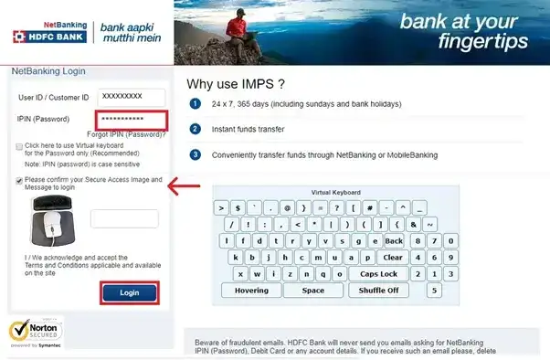 HDFC Netbanking Login Page Step 2