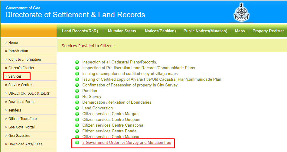 Government Order for Survey and Mutation Fee Goa