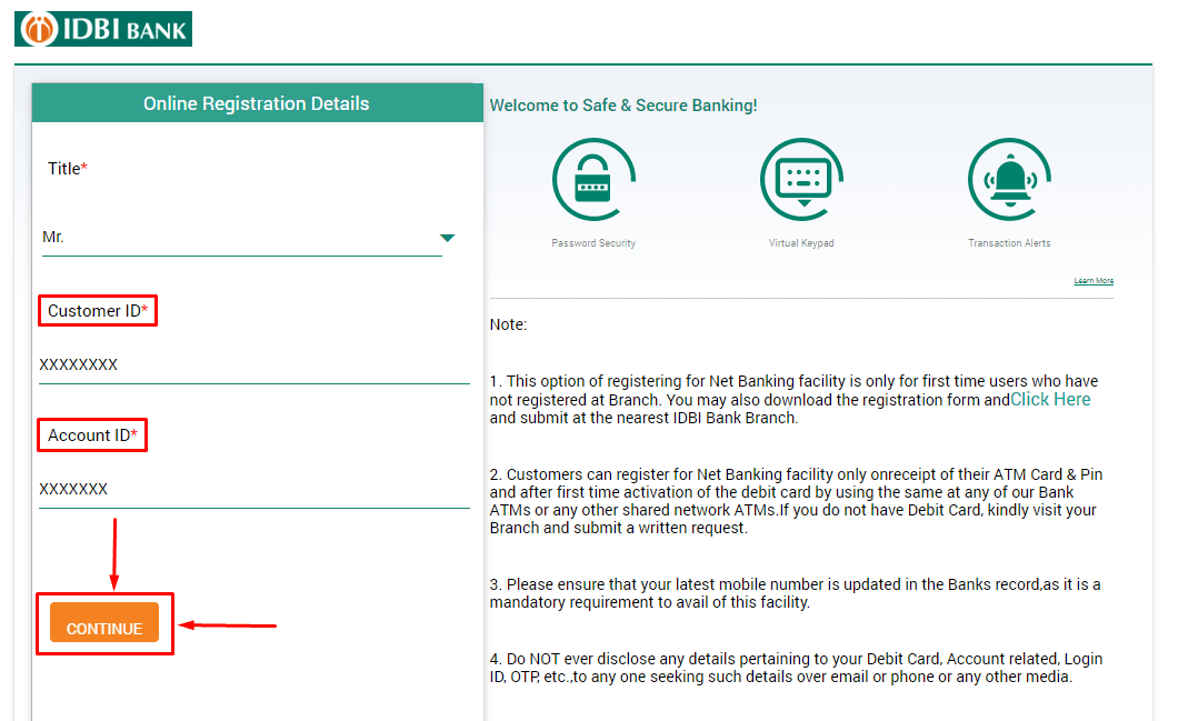 IDBI Netbanking Registration Step 1