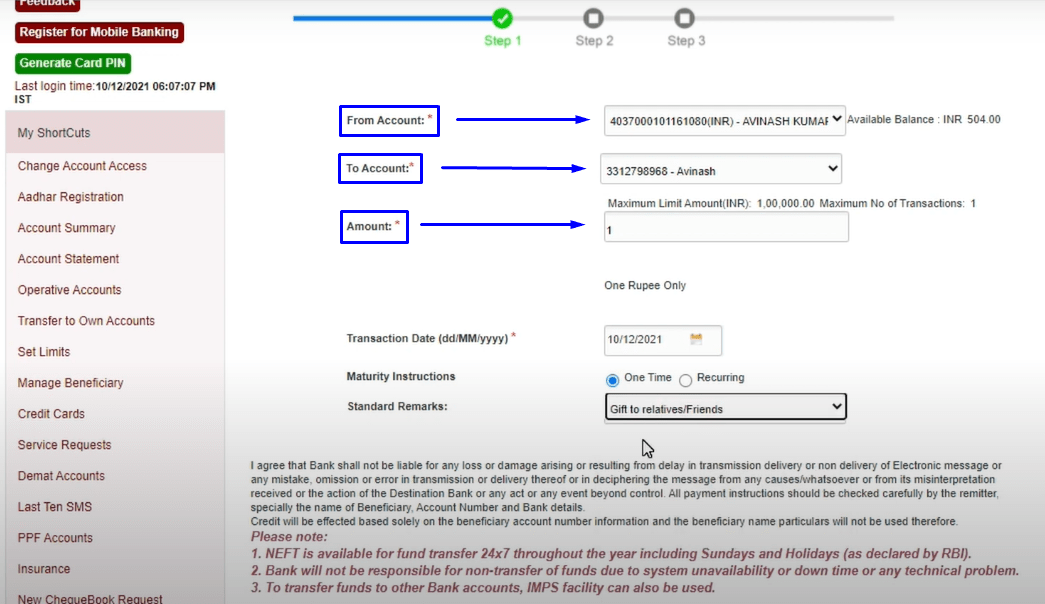 PNB Netbanking Fund Transfer Step-2