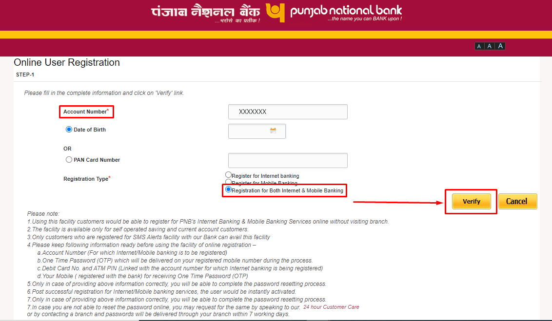 PNB Netbanking Registration Step2