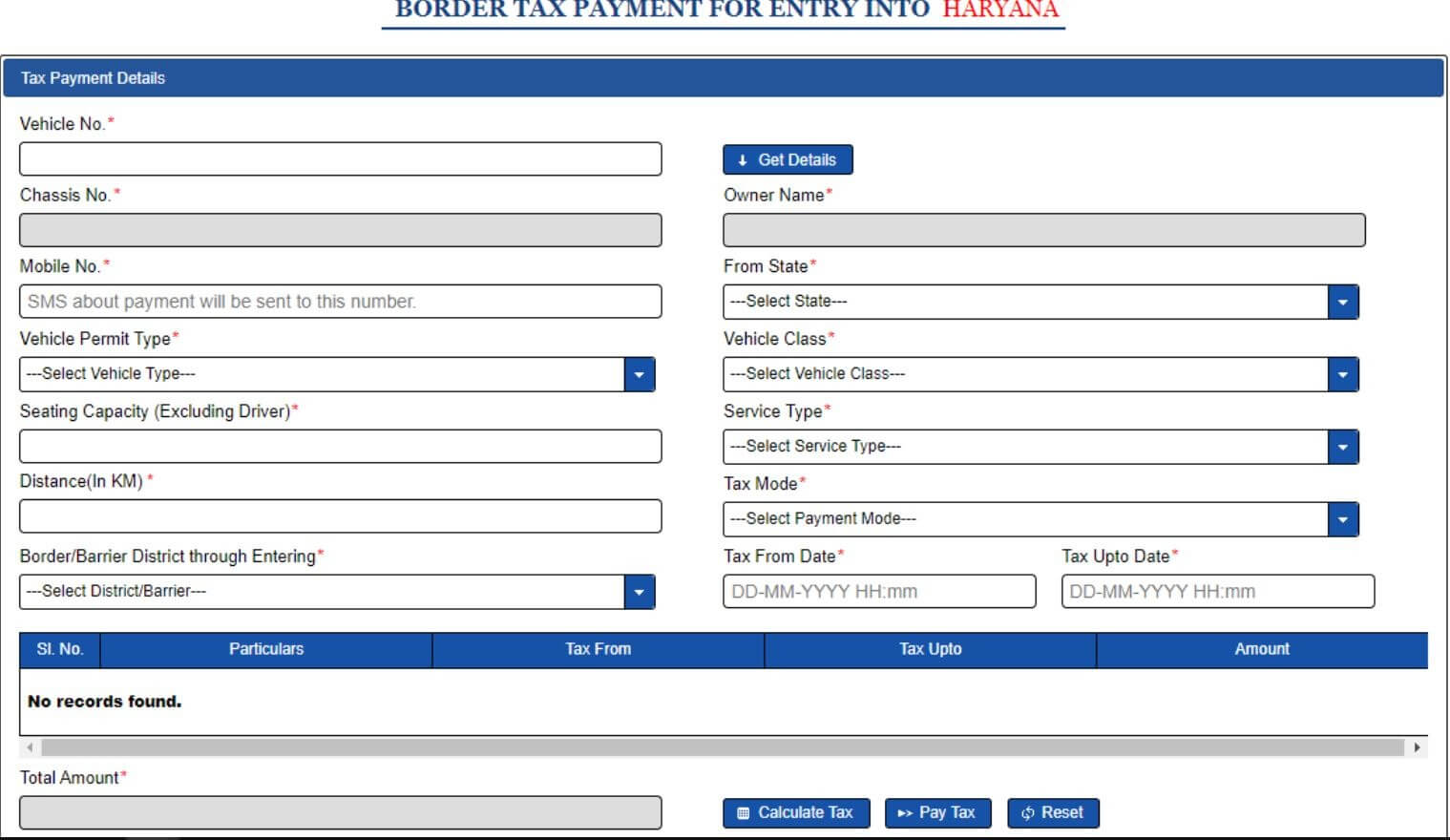 Parivahan tax payment form