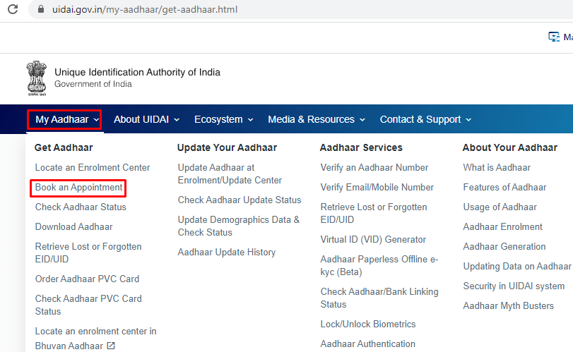 book appointment aadhaar
