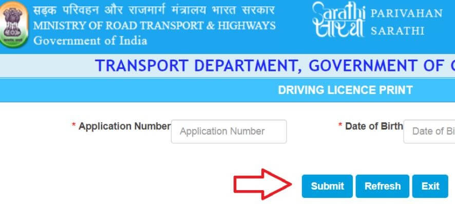 sarathi dl application number