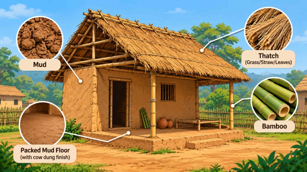 Materials used to build a kutcha house mud bamboo thatch