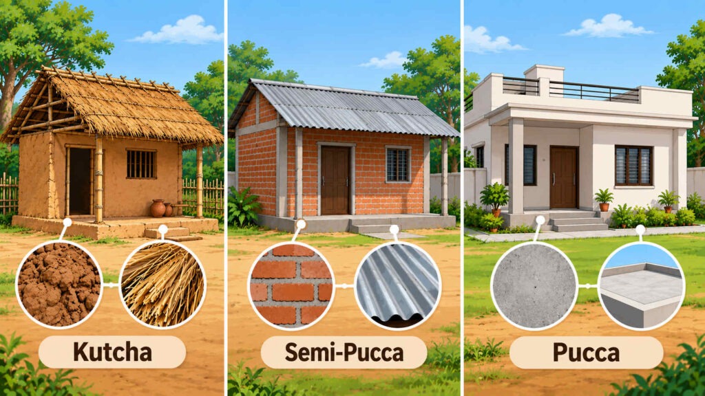 Kutcha semi-pucca and pucca house comparison side by side