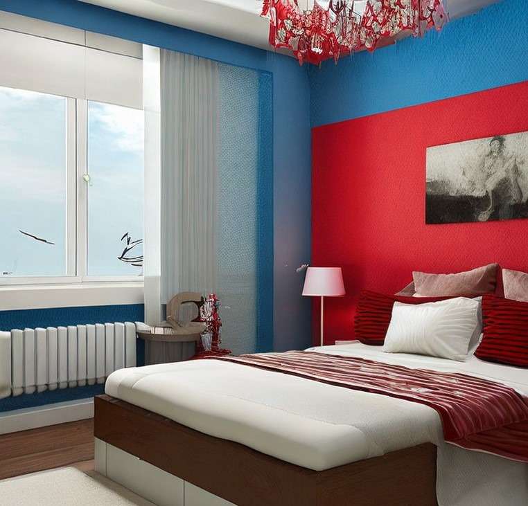 Blue and Red Two Colour Combination for Bedroom Walls