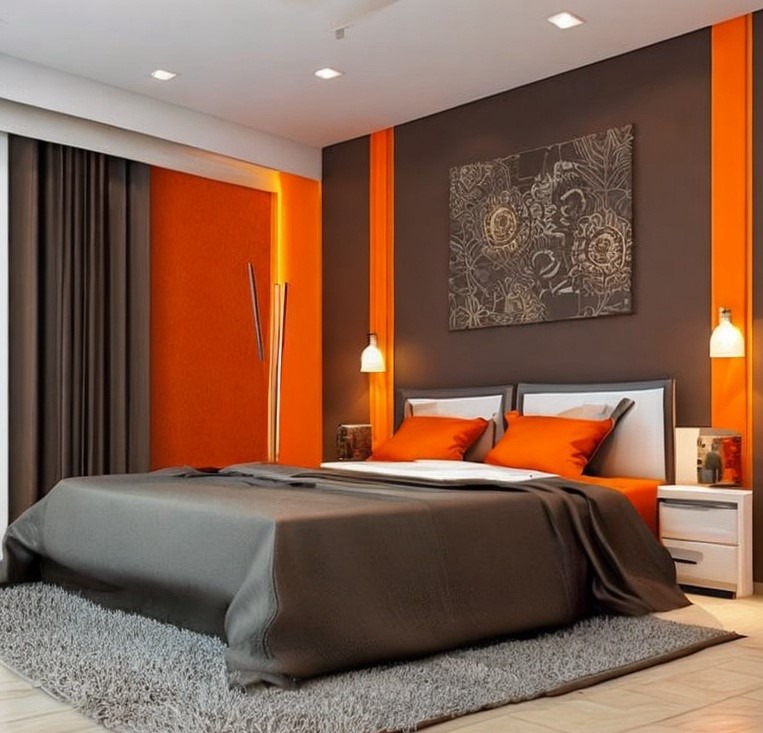 Orange And Brown Two Colour Combination For Bedroom Walls