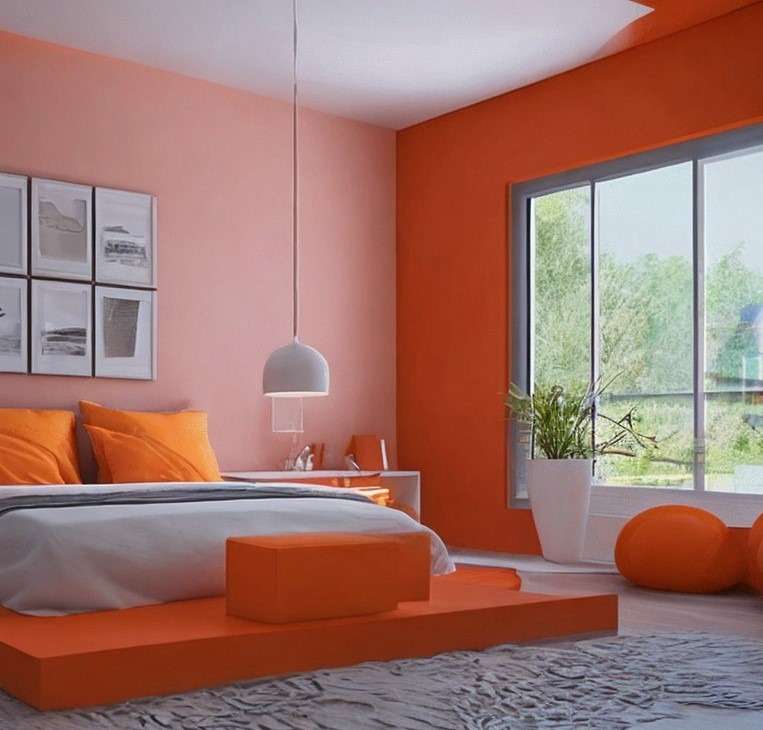 Orange And Peach Two-Colour Combination For Bedroom Walls
