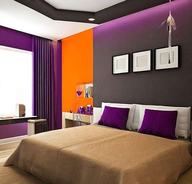 Orange And Purple Two Colour Combination For Bedroom Walls
