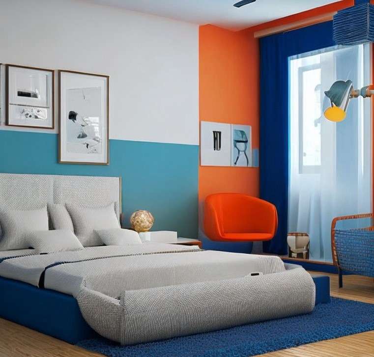 Orange and Blue Two Colour Combination For Bedroom wall