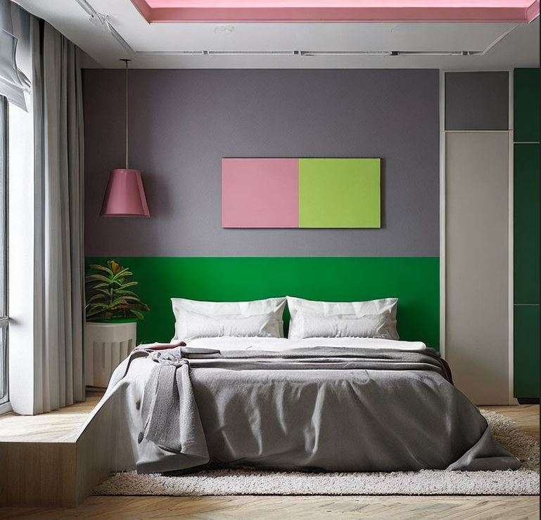 grey_pink_and_green_three_colour_combination_for_bedroom_walls