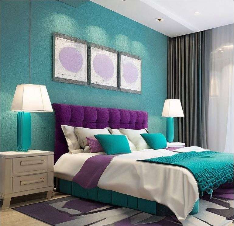 grey_purple_and_teal_three_colour_combination_for_bedroom_walls