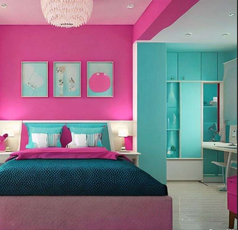 pink_and_aqua_blue_two_colour_combination_for_bedroom_walls