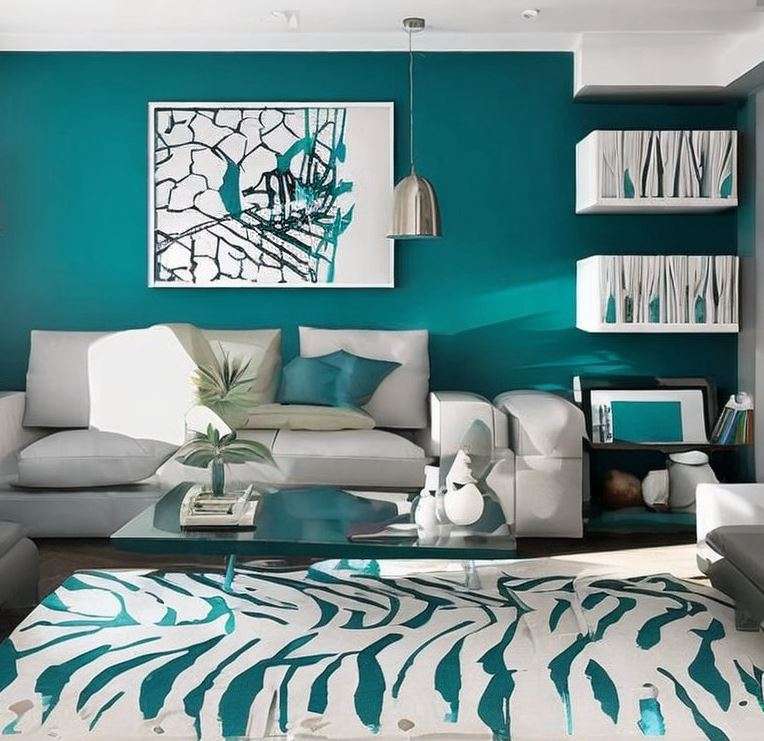 white_and_teal_two_colour_combination_for_living_room_wall