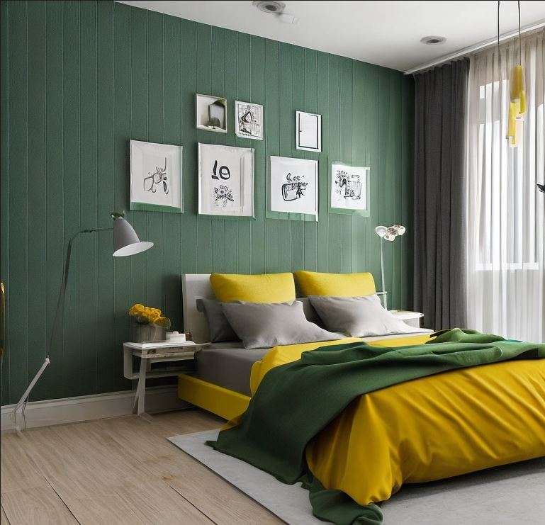 yellow_grey_and_green_three_colour_combination_for_bedroom_walls