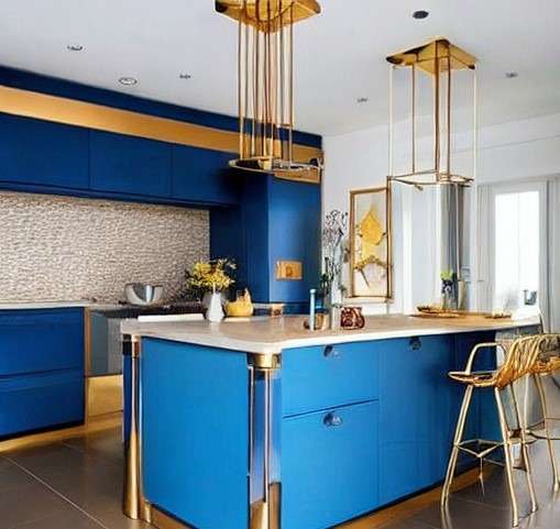 Blue with Gold and Copper Modular Kitchen Colour Combination