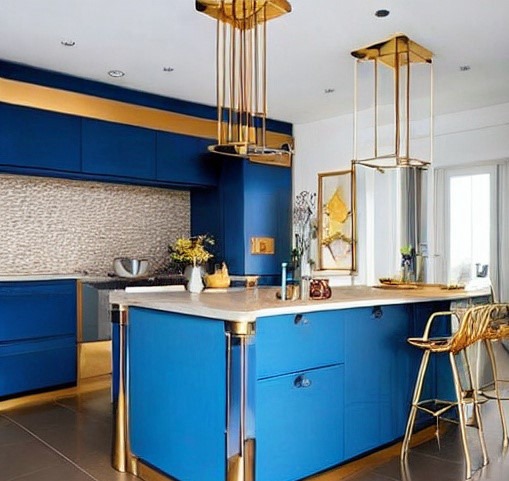 Blue with Gold and Copper Modular Kitchen Colour Combination