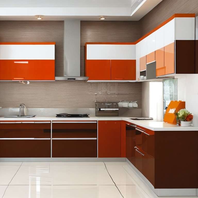 Orange, White, and Brown Fusion Modular Kitchen Colour Combination
