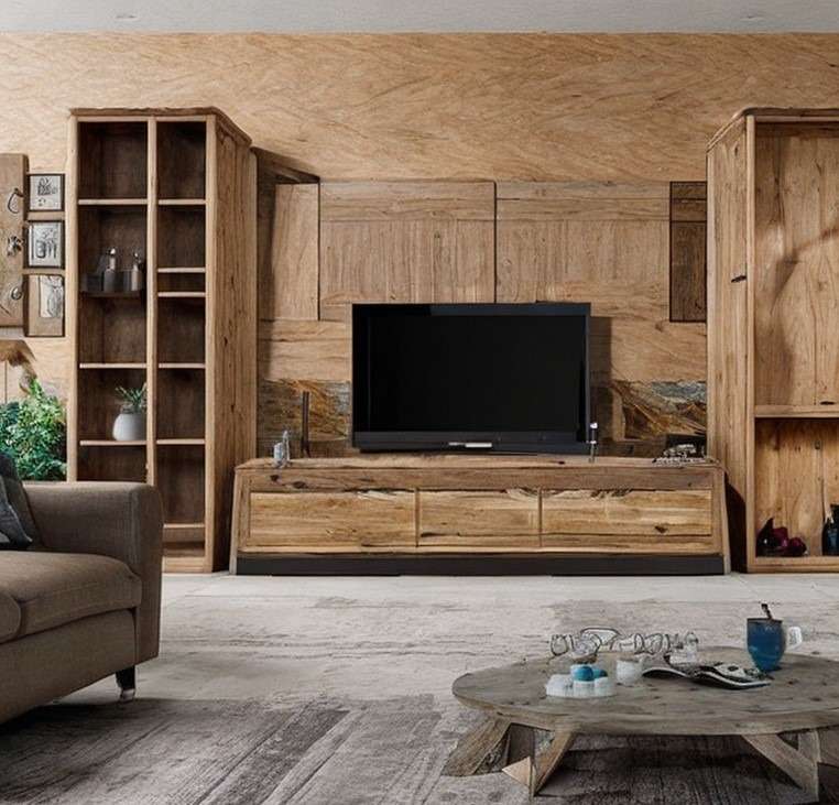 Rustic wooden panel tv unit design
