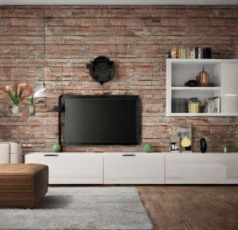Sleek tv unit design with brick wall
