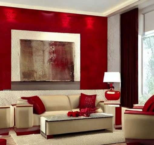 beige furniture with red color combination interior design