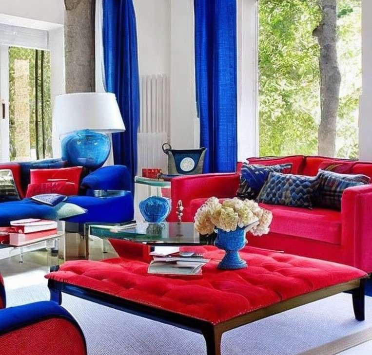 blue and red color combination interior design