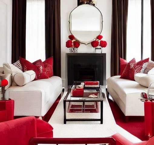 chic neutrals and classic red colorcombination interior design