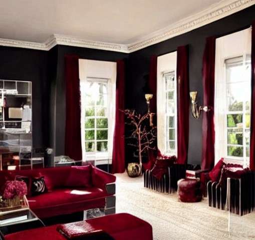 english black and wine red color combination interior design
